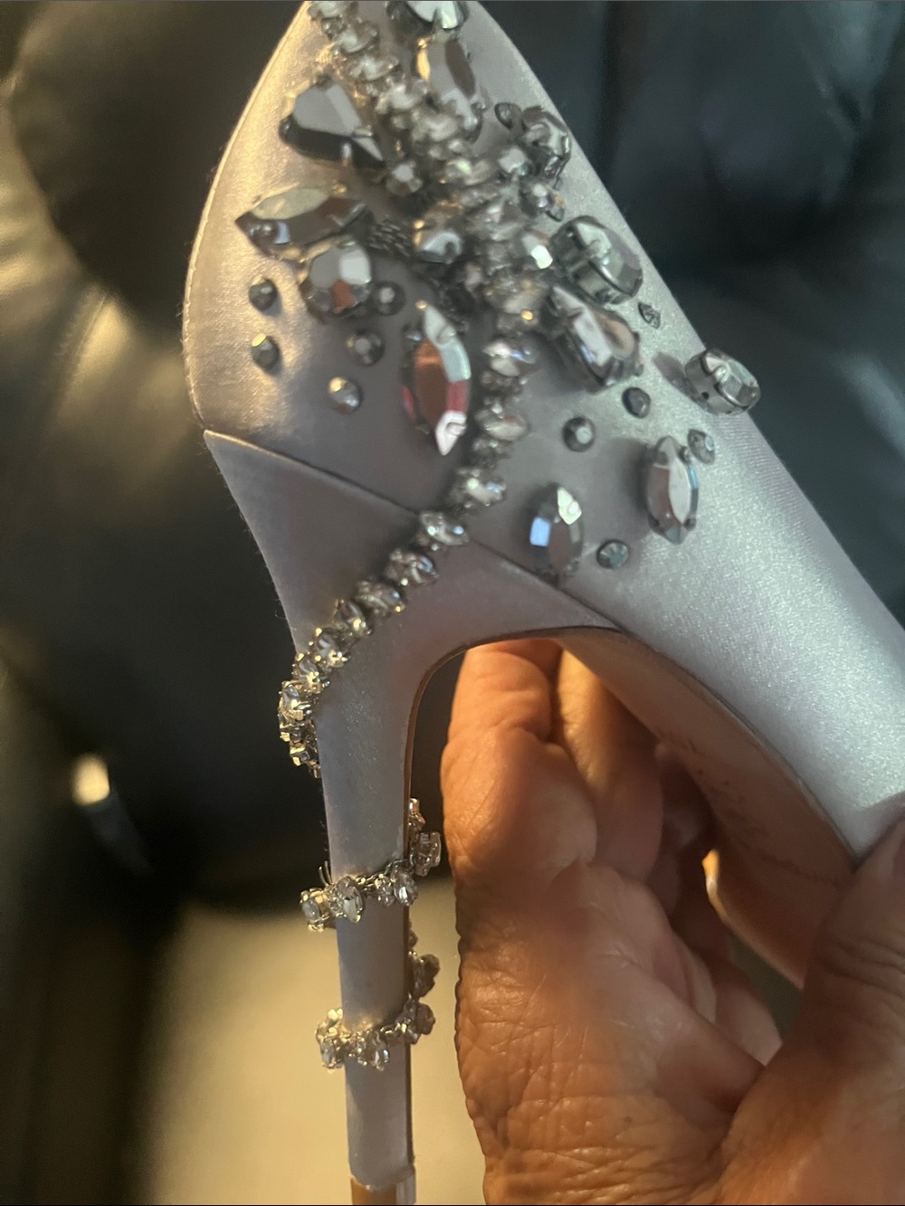 ANTONIO MELANI Ivory Satin Peep-Toe Heels with Jeweled Accent